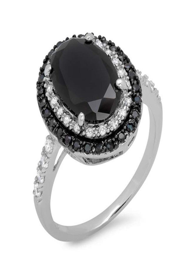 AZQ 925 Sterling Silver Shiny Full Diamond Ring Oval Cut Black Onyx Marcasite White Cubic Zirconia Rings CZ Cocktail Rings Eternity Engagement Wedding Band Ring for women TZ.36 (US Code 7) - Image 1
